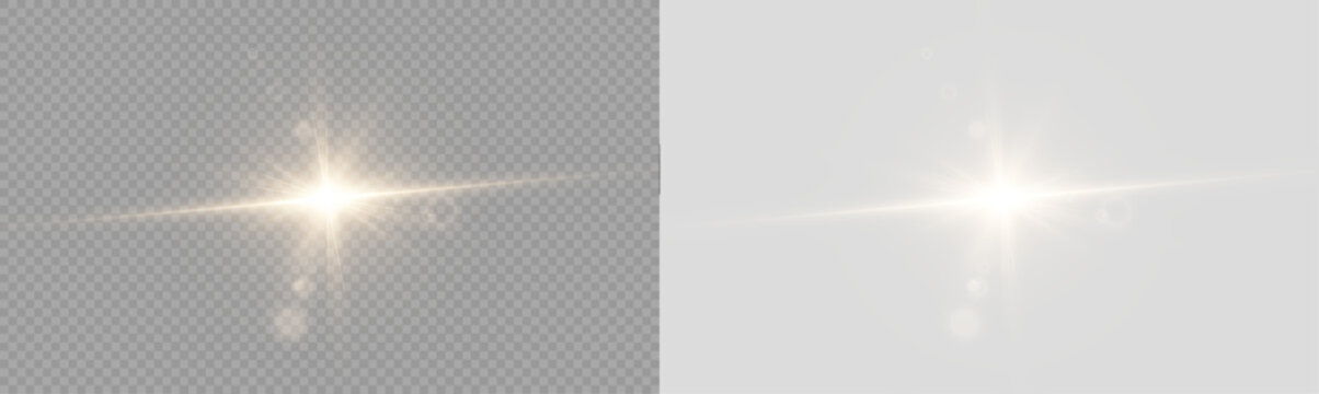 Yellow star flashed with sparkles sun isolated on white background. Soft glow without departing rays, sunlight with lens flare effect. PNG vector light effect
