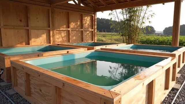 Square blue lined fish cultivation pools with timber outer frames occupy a rustic open sided shelter, where warm afternoon sun and nearby bamboo create a distinct rural setting for aquatic farming.