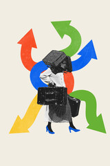 Plakat Confused traveler carrying luggage among arrows in scanner style collage with flat illustration, uncertain direction. Travel services, relocation consulting concept.