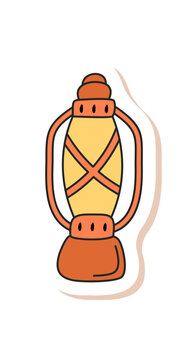 Hand drawn camp lantern patch icon. Outdoor lantern in doodle style brings adventure and equipment themes. Hiking and travel graphic suits patch or camp item for nature recreation.