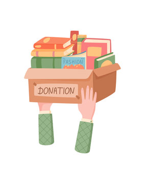 Book donation help box in flat style. Person hand hold a charity container with book and gift for support and share. Simple white background for community aid, ngo awareness humanitarian care icon