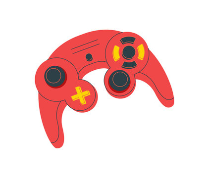 Retro gamepad in flat icon style. Joystick controller for videogame console and player gadget, with bold red color. Classic game device for old video entertainment themes, perfect as isolated element