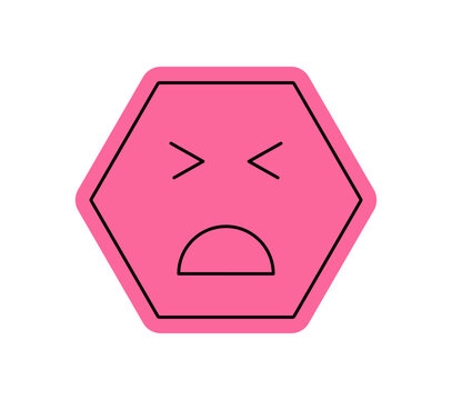 Cool retro y2k pink emoticon icon in bold flat cartoon graphic style. Happy smile emoji with closed eyes forms a fun and graphic element. Playful pop look adds trendy character for digital