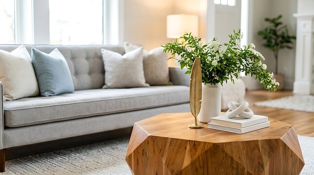 Modern living room with grey sofa and wooden coffee table featuring a