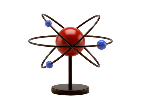 3D realistic atom model with red nucleus and electrons on transparent background