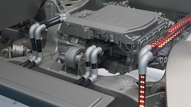 model of chassis of the electric car with powertrain and power connection,electric system of eco car concept.