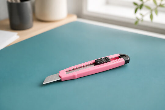 A pink and black utility knife rests on a teal surface in a bright indoor setting.