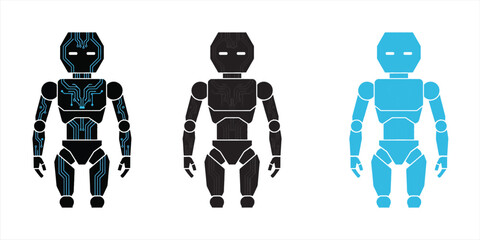 Three vector illustrations of humanoid robots featuring a black and blue cybernetic cyborg design with integrated circuit board patterns and futuristic technology elements on a clean white b © Liza Akther