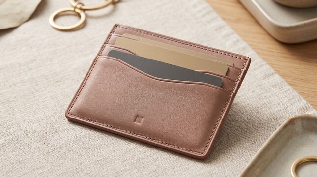 Elegant Brown Leather Minimalist Card Holder Wallet for Credit Cards and IDs on Light Fabric Background