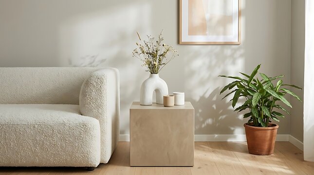 Minimalist living room corner with beige sofa floral arrangement