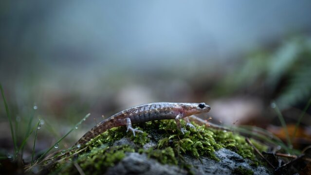 Peque&ntilde;a salamandra o trit&oacute;n descansando sobre una piedra cubierta de musgo verde en un bosque h&uacute;medo y neblinoso