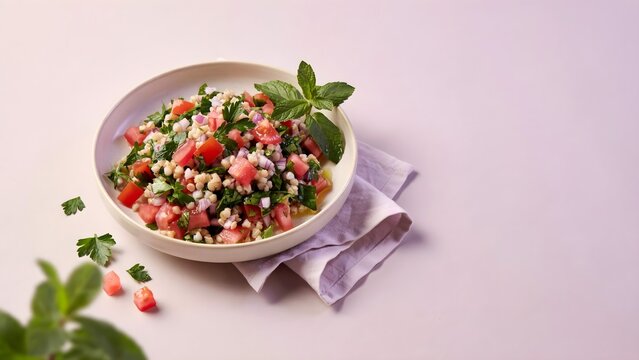 Plato de ensalada tabule fresca con cusc&uacute;s, tomate picado, perejil y menta sobre fondo claro con espacio de copia