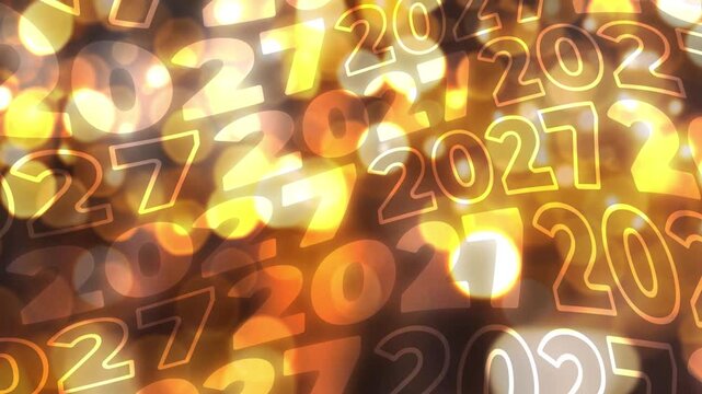 Horizontal 4K video banner. Loop animation. Waving text 2027 on gold bokeh lights. Concept of Merry Christmas, winter holiday, gift. Screensaver for Happy New Year 2027 event. Congratulation