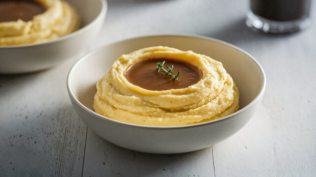 Creamy mashed potatoes with gravy and herbs in a white bowl  