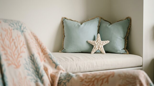 Seashell-patterned bedding with starfish and nautical pillows on bench