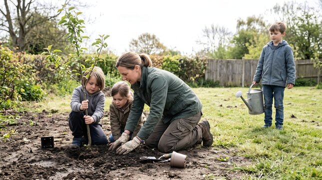 Teacher and children planting young tree sapling outdoors