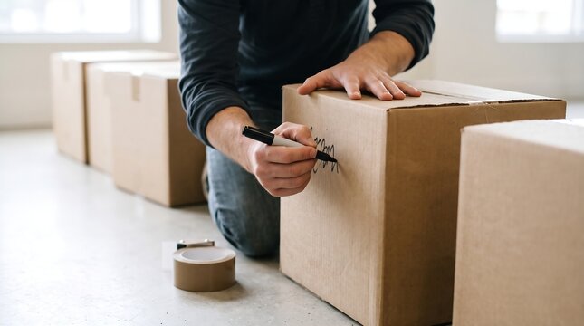 Man Writing on Cardboard Box Moving into New Home