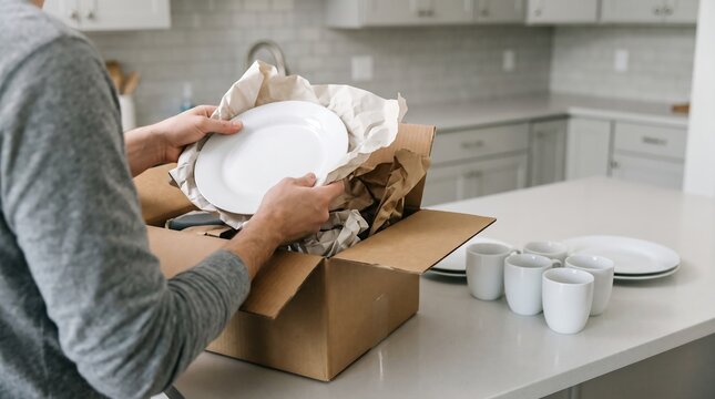 Person Unpacking Ceramic Plates From Cardboard Box in Kitchen