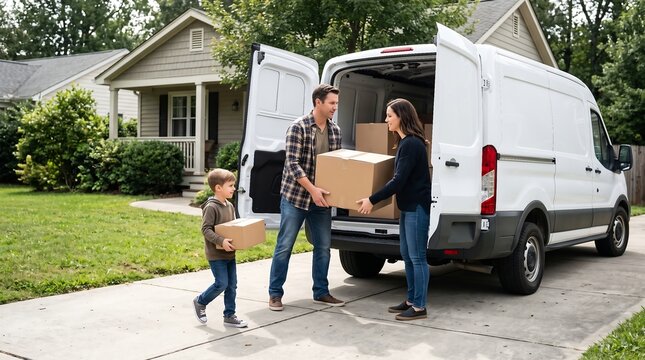 Family Unloading Moving Boxes from Van at New House