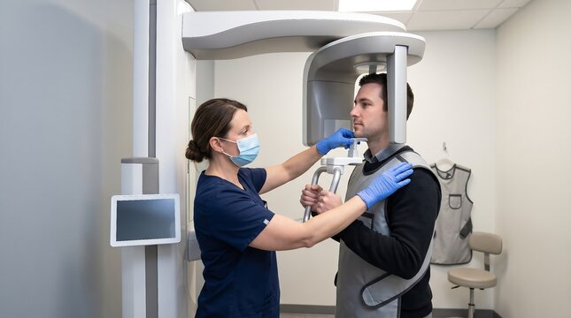 Dentist Adjusting Panoramic Dental X-Ray Machine for Patient