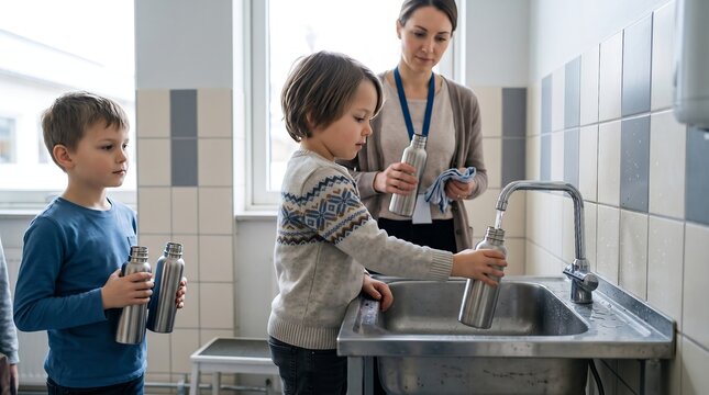 Children Refilling Reusable Water Bottles at School Sink