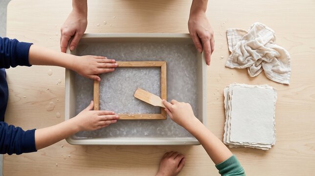 Children Making Recycled Handmade Paper in Art Workshop