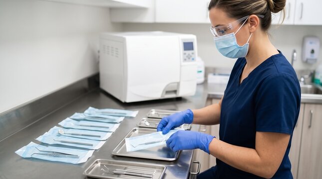 Dental Assistant Preparing Sterilized Instruments in Clinic