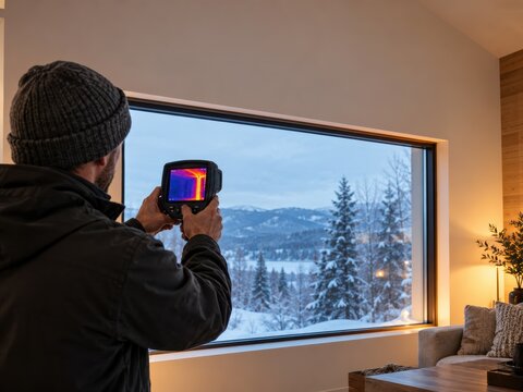 Energy Auditor Inspecting Window Heat Loss with Thermal Camera
