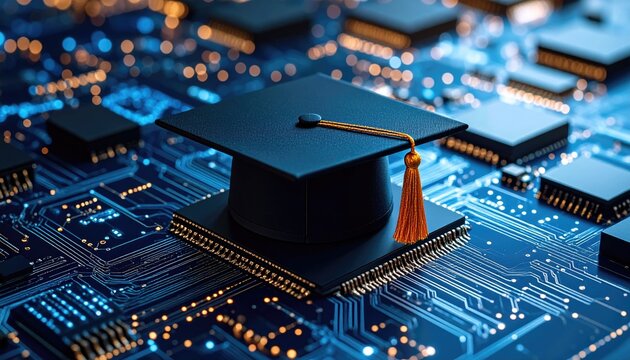 Graduation cap atop circuit board education tech integration