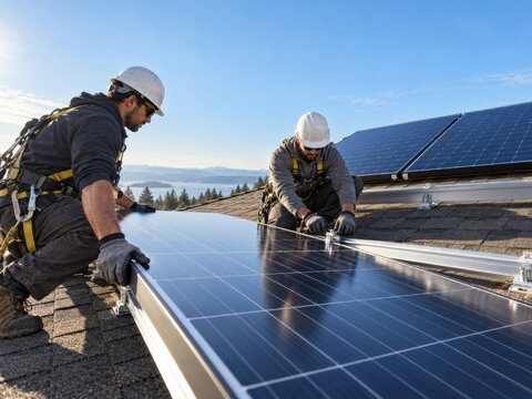 Two Solar Installers Mounting Photovoltaic Panel on Roof Rails