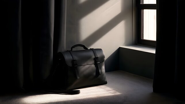 A black leather briefcase rests in a sunlit corner beside a window with dark curtains  casting sharp shadows on the wall and floor