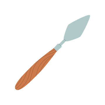 Cartoon palette knife art tool on white. Cute painter supply as simple craft object and flat icon for creative class or studio. Doodle style wood handle with soft color blade, ideal for school
