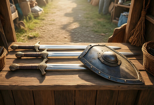 medieval history and fantasy adventure, collection of steel swords and metal shield on a wooden market stall in a historical reenactment village