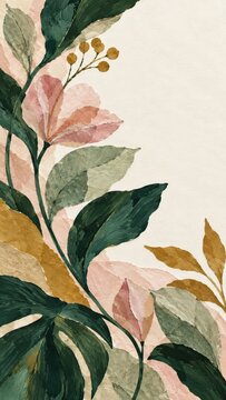 Vintage-inspired botanical paper collage with a soft pink flower, olive green leaves, golden round seed pods and layered blush paper scraps along the left edge, leaving broad ivory copy space for text
