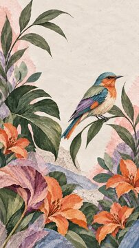 Small teal and orange songbird resting among tropical leaves and peach lilies, framed by dark green monstera foliage and overlapping pastel paper mountains in a tactile botanical collage on ivory