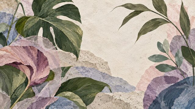 Abstract tropical botanical collage with a mauve trumpet-shaped bloom, dark green monstera leaves and layered pastel torn-paper shapes, creating a tactile floral background with ivory copy space