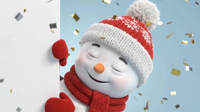 Snowman with red hat and scarf standing beside blank white poster amid falling gold confetti, representing holiday celebration, advertisement, and greeting