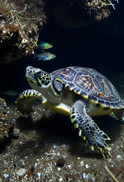 marine conservation and ocean biodiversity, green sea turtle swimming in deep water with small fish near coral reef in natural underwater habitat