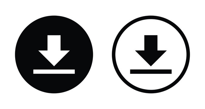Download symbol vector icon in filled circle and line outline style. Simple arrow graphic for file saving, media export, and software installation.