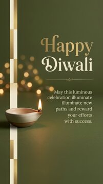 Happy Diwali greeting card with lit clay diya lamp on green background with bokeh lights and golden pattern for festival.