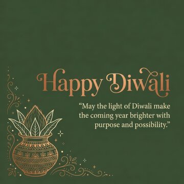 Minimalist Diwali card with golden kalash pot illustration and leaf motif on dark green background with festive text.