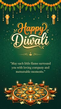 Colorful Diwali celebration design with flower garlands and lit oil lamps arranged on traditional sand art rangoli pattern.
