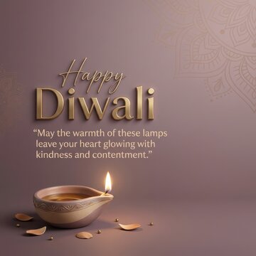 Modern Diwali invitation with 3d golden text and lit clay lamp on mauve background with soft mandala shadow patterns.