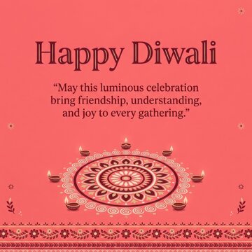 Coral pink diwali festive background displays intricate mandala pattern with glowing oil lamps and elegant border design.