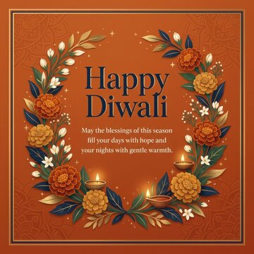 Orange floral diwali greeting card showcases marigold flower wreath with diya lamps for seasonal hope and warm blessings.