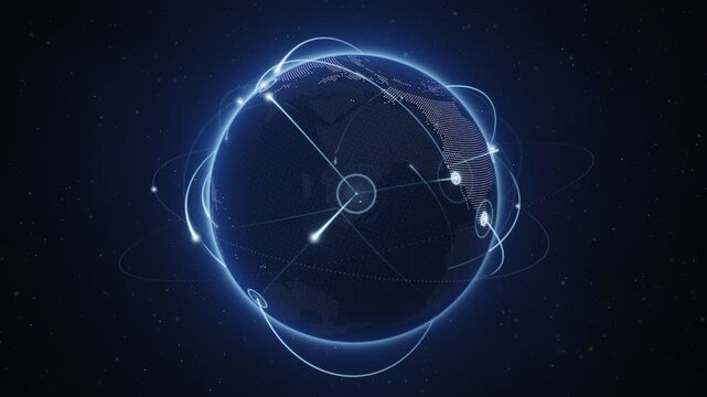 White Dotted 3D Globe Rotating With Blue Connection Arcs And City Nodes Seamless Loop 4K