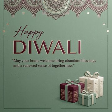 Green diwali greeting card displays elegant gifts with gold mandala patterns for festive season blessings and well wishes.