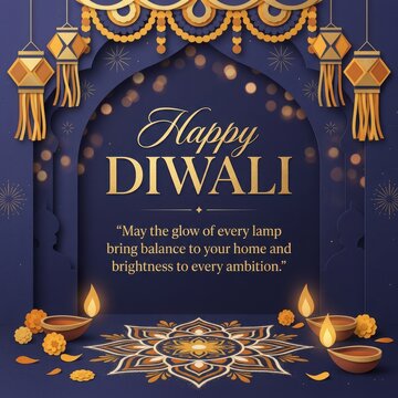 Deep blue diwali greeting card features intricate paper cutout lantern designs with golden lamps for balanced ambition.