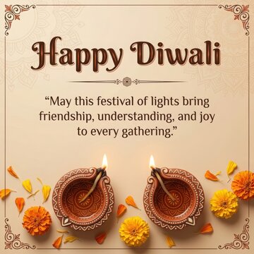 Diwali festival card design with traditional oil lamps and marigold flowers for celebration greeting during autumn season.