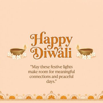 Happy diwali festive card with elegant clay lamps and white flower accents on warm beige background for seasonal greeting.